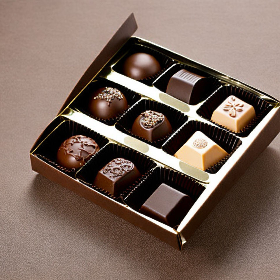 Assorted Chocolates Box with Various Designs on Beige Background