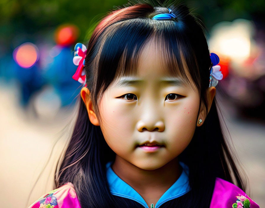 Young girl with black hair and colorful hair clips in vibrant pink and blue outfit in public setting