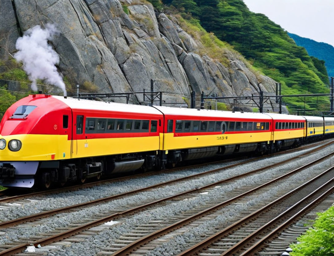 Yellow and Red Steam-Emitting Train on Tracks with Green Mountainous Background