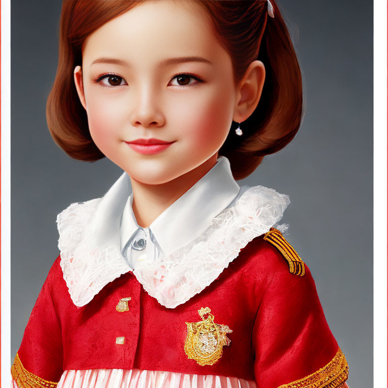 Young girl digital illustration: bob haircut, red dress, white collar, golden epaulettes,