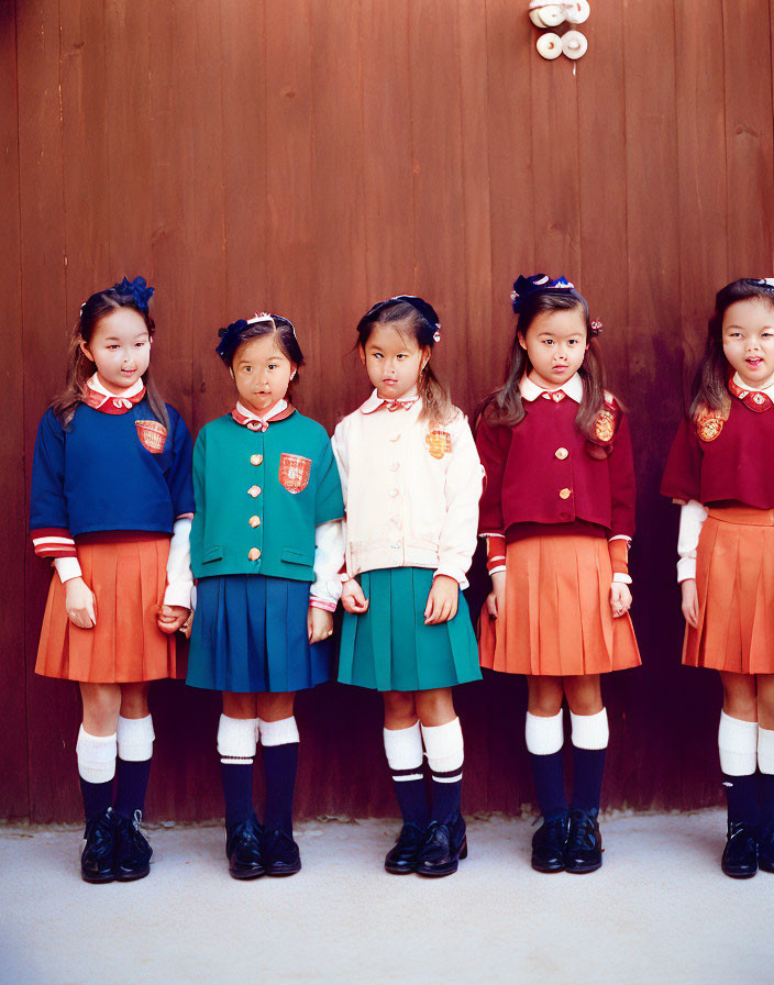 Five Young Girls in Different School Uniforms Against Wooden Background