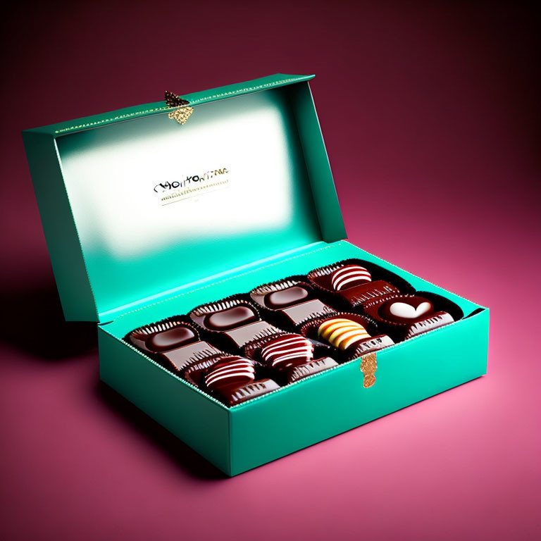 Teal Box of Assorted Chocolates on Pink Background