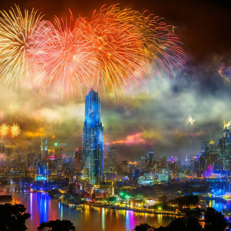 Colorful Fireworks Display Over Brightly Lit Cityscape at Night