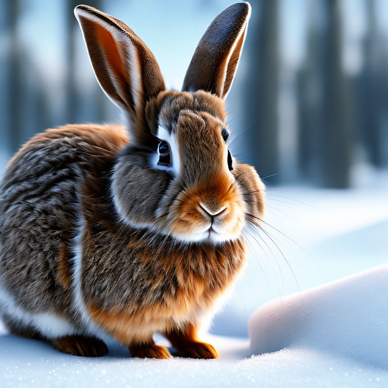 Realistic brown rabbit illustration on snowy ground with trees.