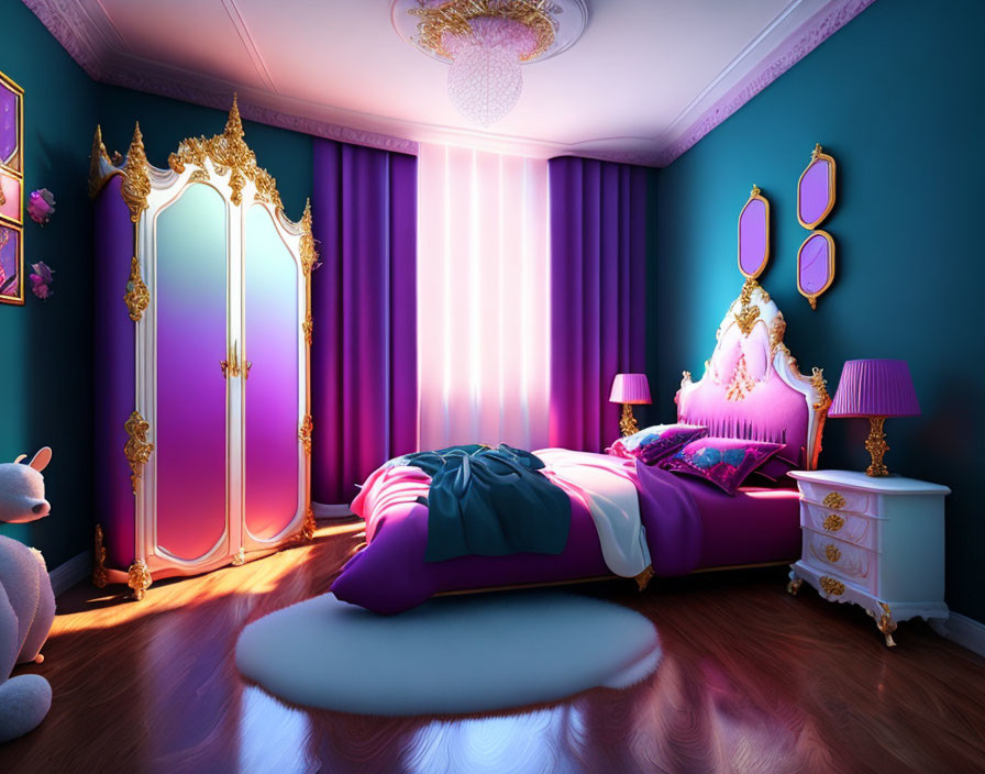 Elegant Bedroom with Purple and Gold Decor and Plush Bed