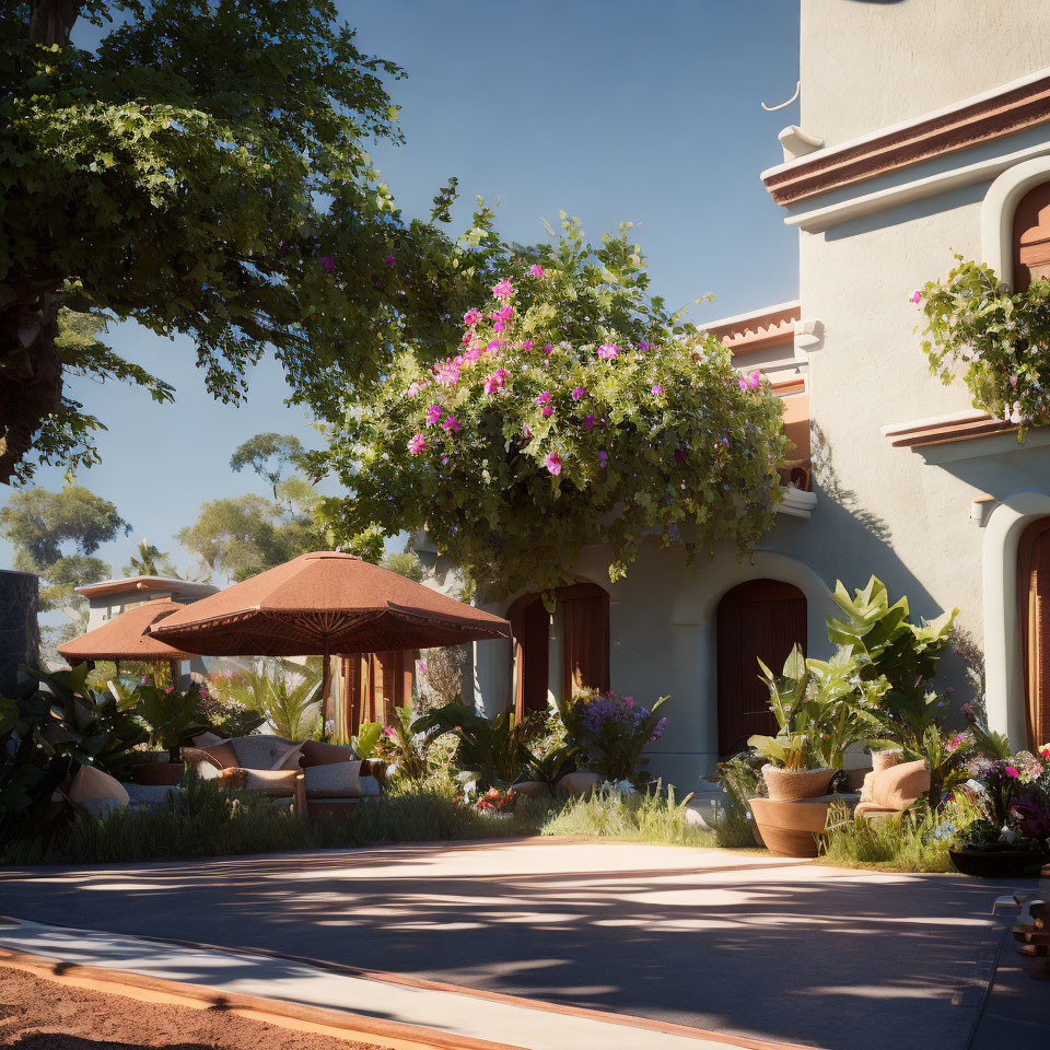 Tranquil courtyard with parasol, lush plants, bougainvillea, and terracotta