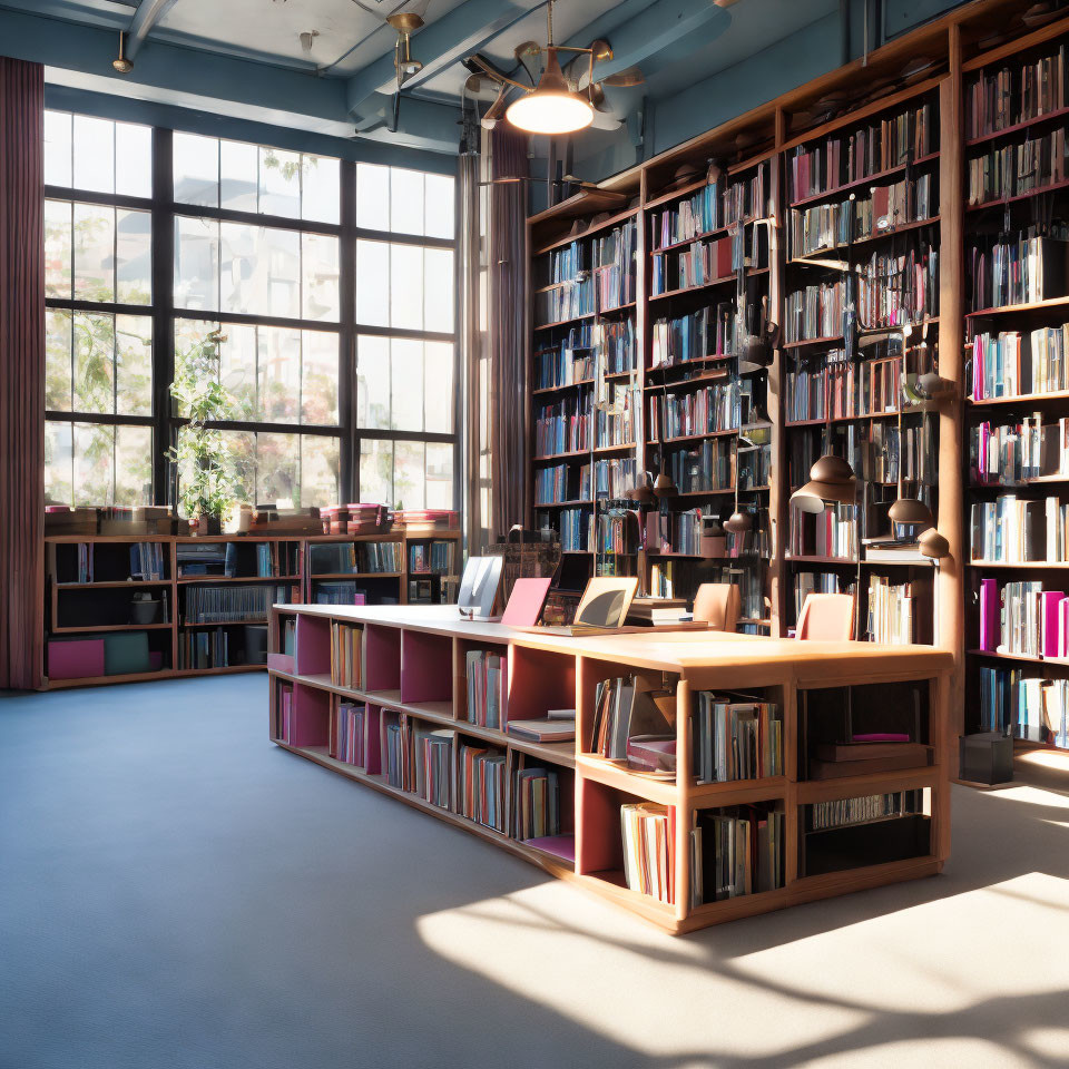 Spacious library with large windows and wooden bookshelves