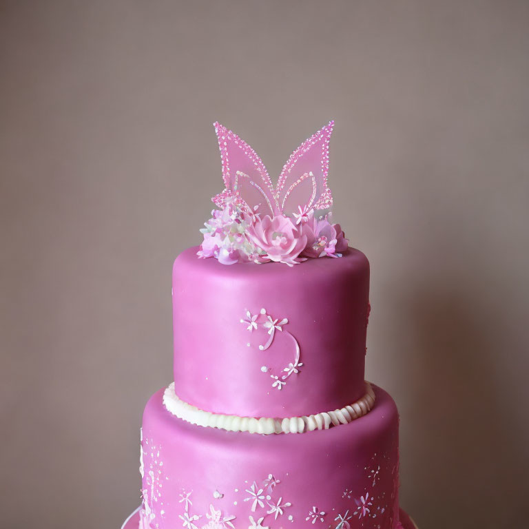 Pink Fondant Cake with White Floral Patterns & Butterfly Decoration