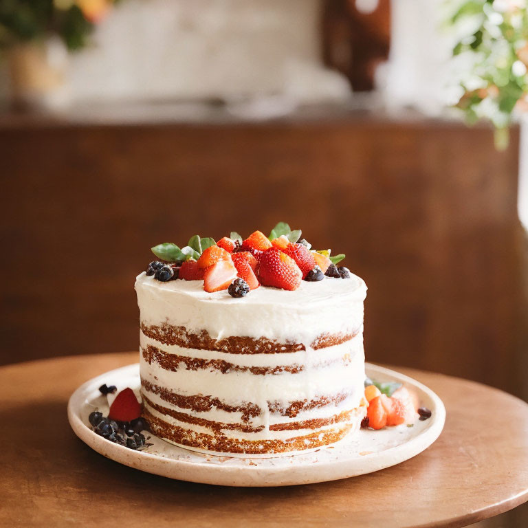 Layered Naked Cake with White Frosting and Fresh Berries on Ceramic Plate