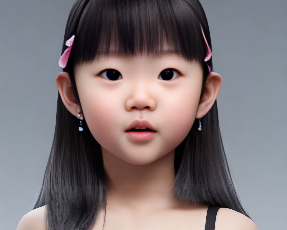 Young girl digital portrait with bow headband & black hair on grey background