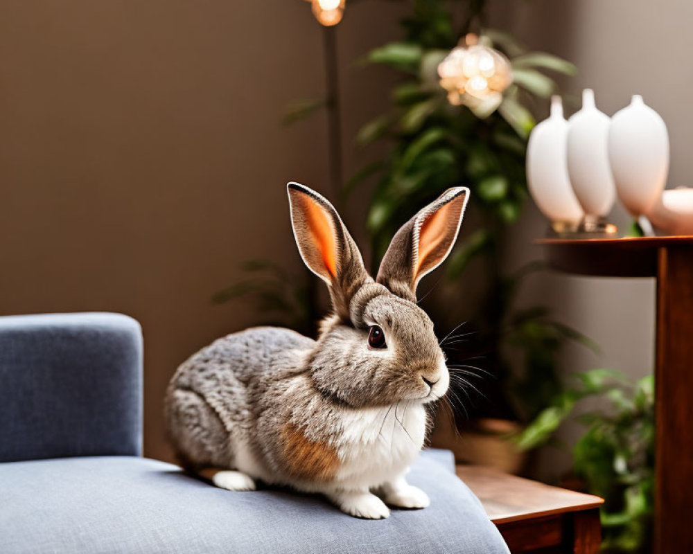 Grey and White Rabbit on Blue Chair in Cozy Room with Plants and Warm Lighting