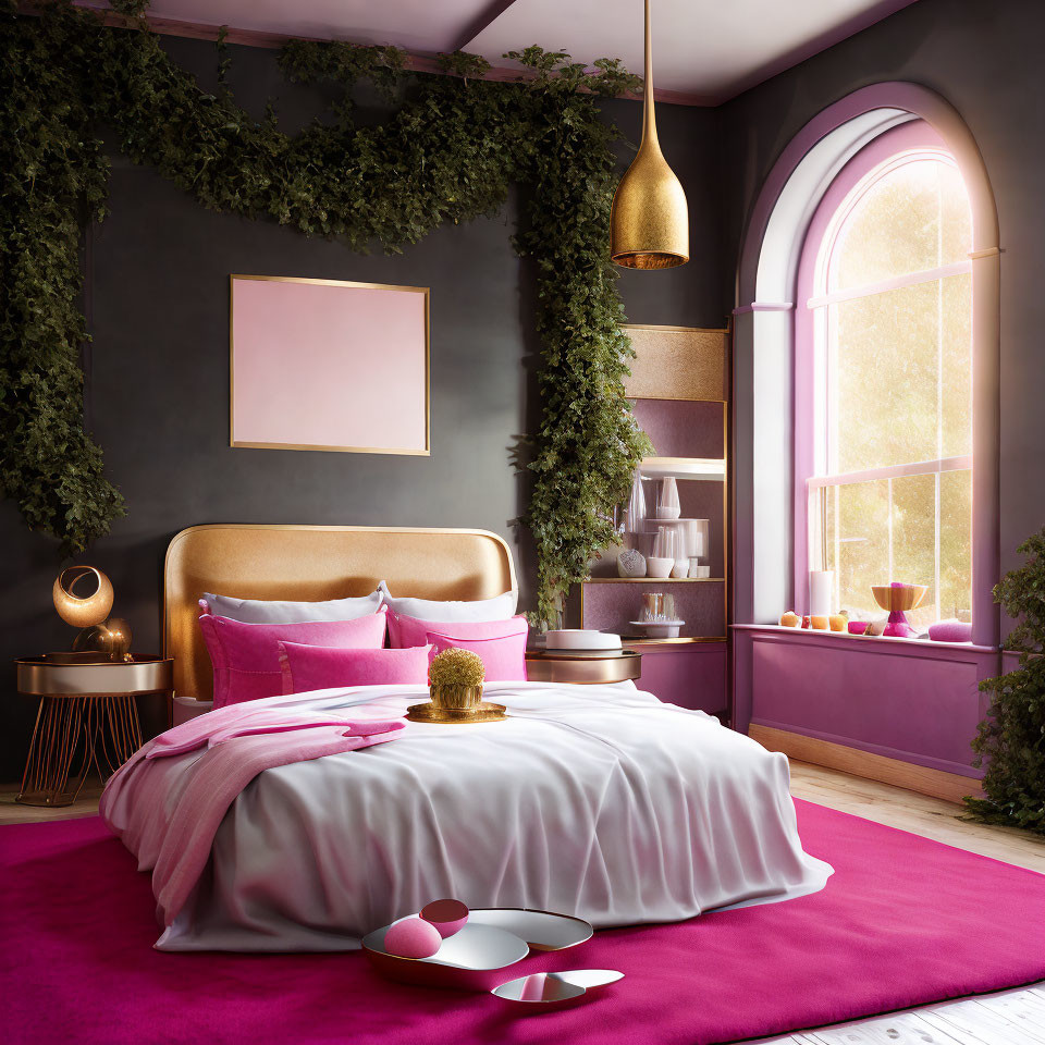 Modern Bedroom Decor with Pink and Purple Tones, Golden Accents, Plush Bedding, and