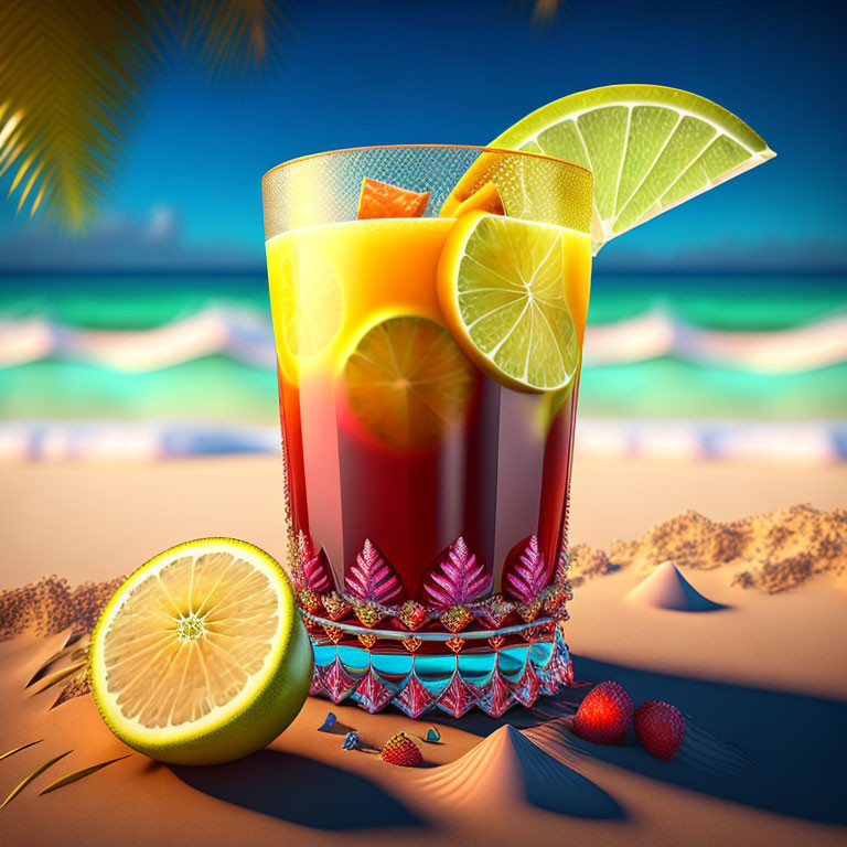 Tropical Cocktail with Lime Slices on Beach Scene