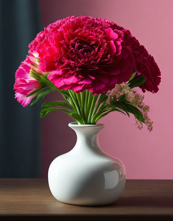 Pink peonies and fillers in white vase on table with pink and blue background