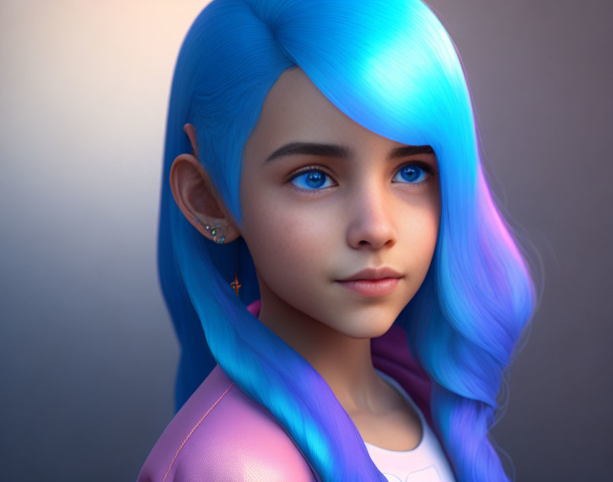 Striking Blue-to-Purple Gradient Hair on 3D Animated Girl