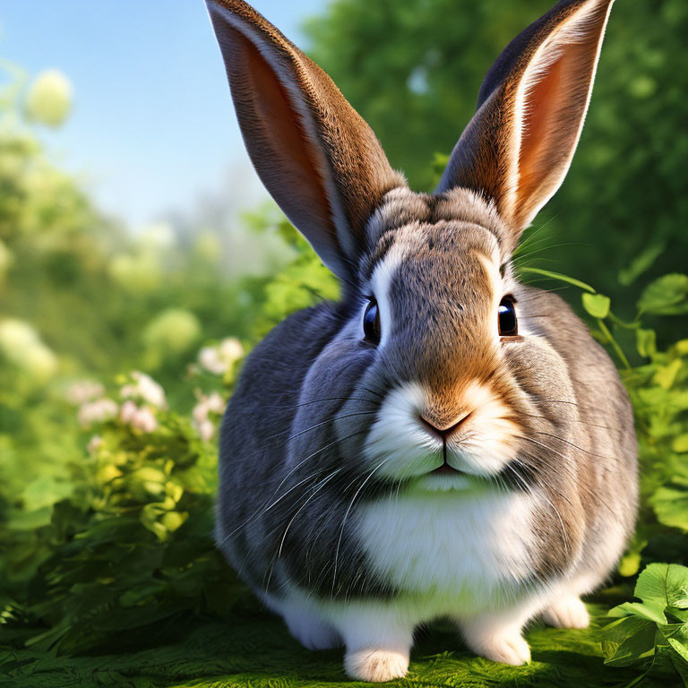 Realistic illustration of a rabbit in lush green foliage