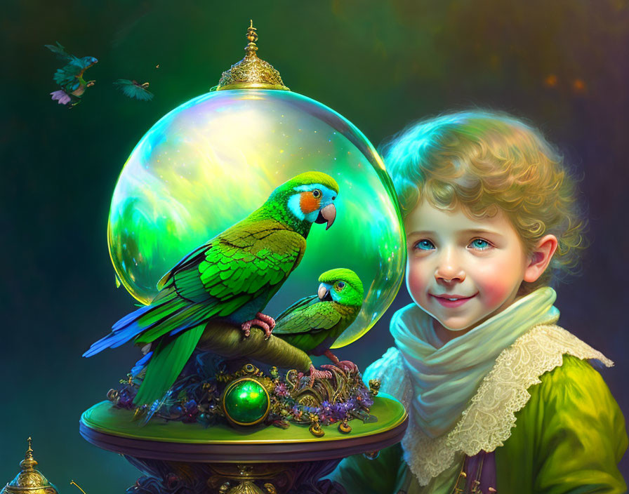 Whimsical painting of child with parrots in glass orb and green glow