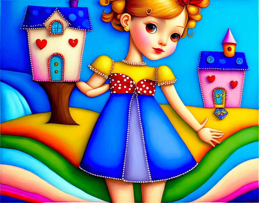 Vibrant Cartoon Image: Girl with Large Eyes Between Whimsical Houses