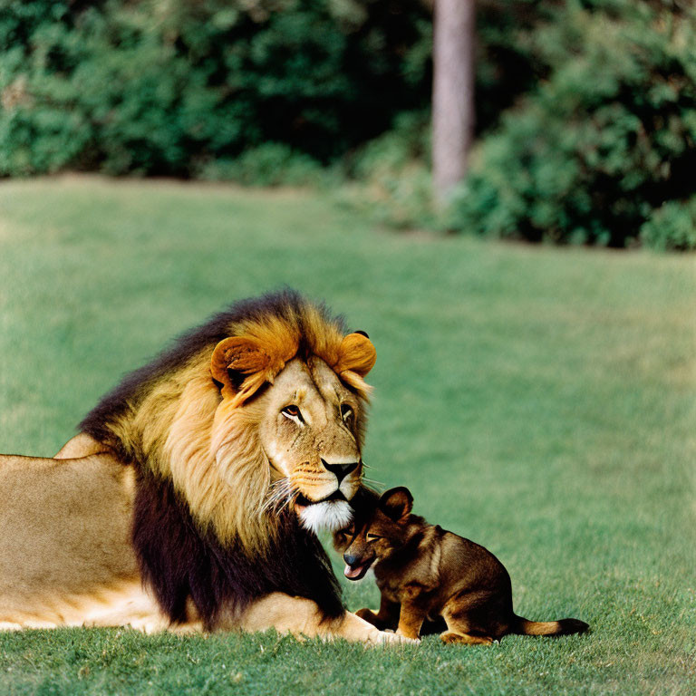 Adult lion and playful dog peacefully coexist in grassy scene