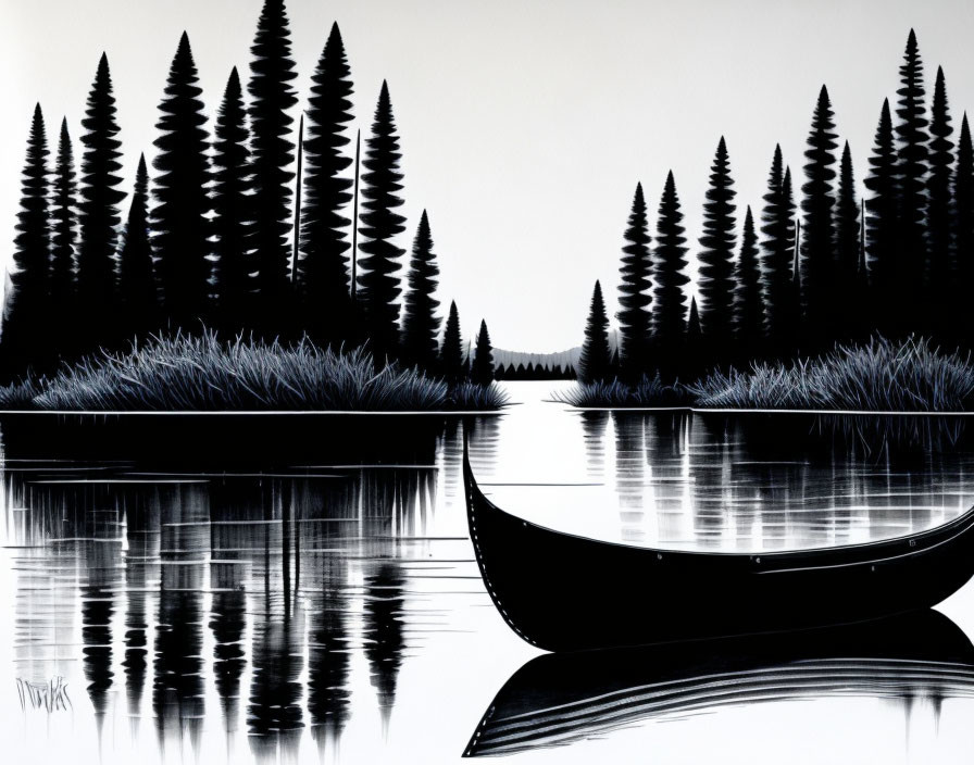 Monochromatic painting of calm lake with canoe and pine tree silhouettes