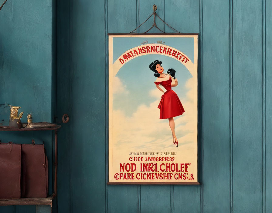 Vintage-style poster with cartoon woman in red dress on teal wall beside brown suitcase and books