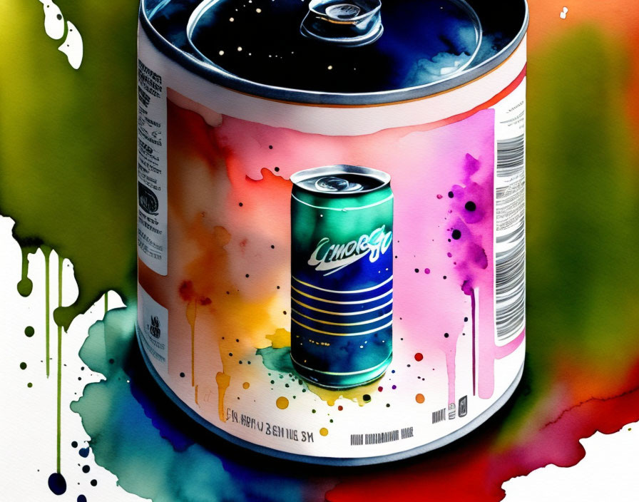 Vibrant watercolor illustration of crushed soda can with ink splatters