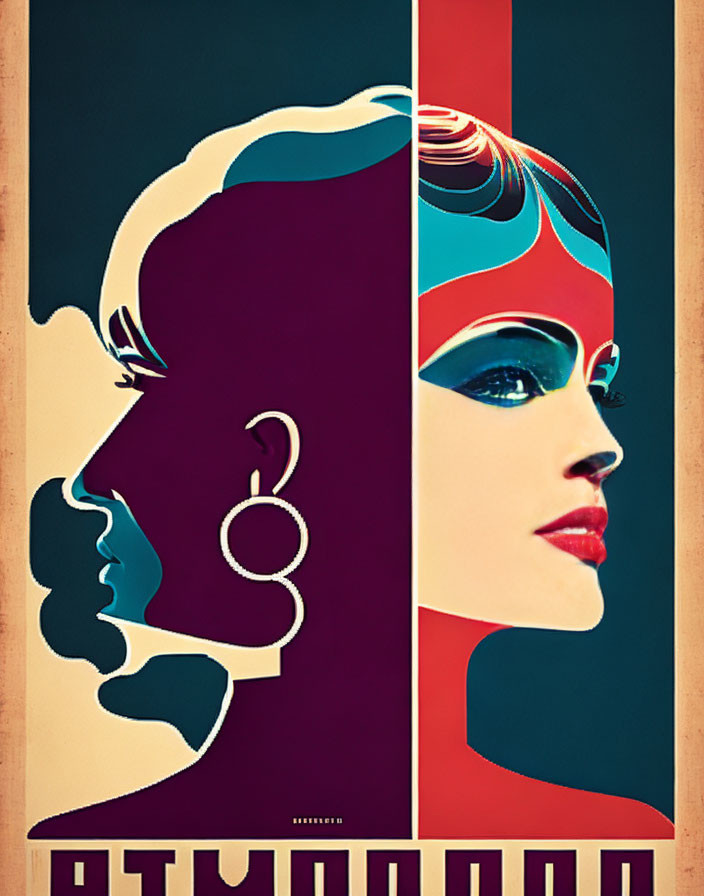 Split Graphic: Woman's Silhouette & Futuristic Face on Tri-Tone Background