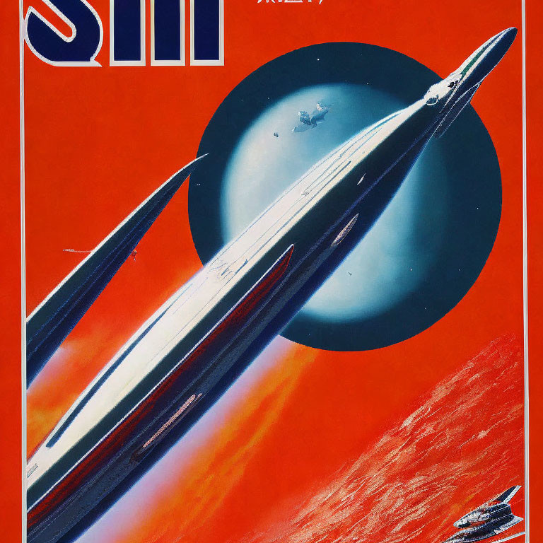 Retro-futuristic space poster with sleek spaceship and ringed planet