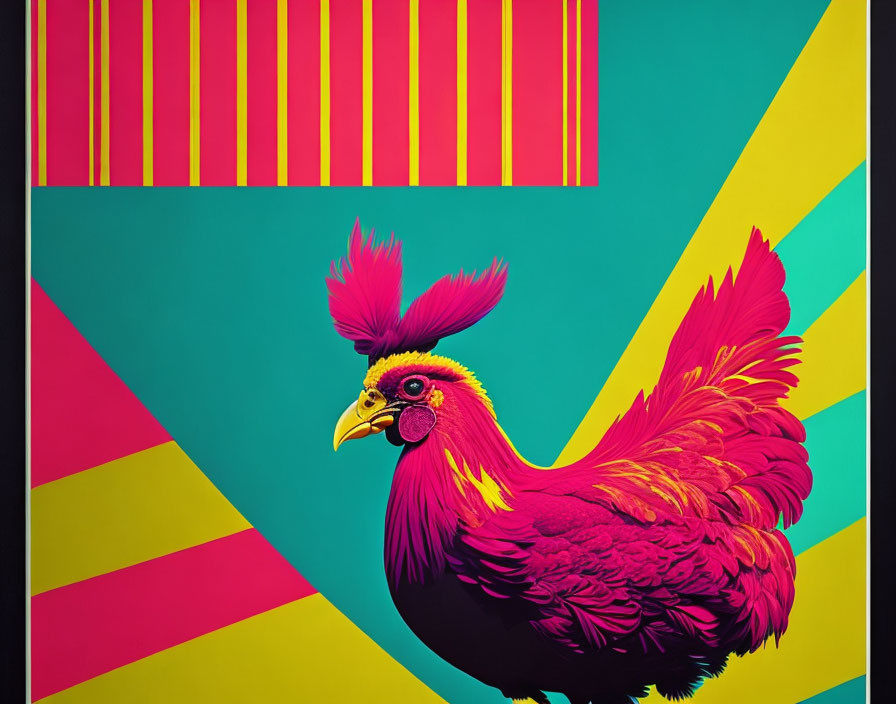 Colorful Rooster Illustration on Geometric Background in Purple and Red