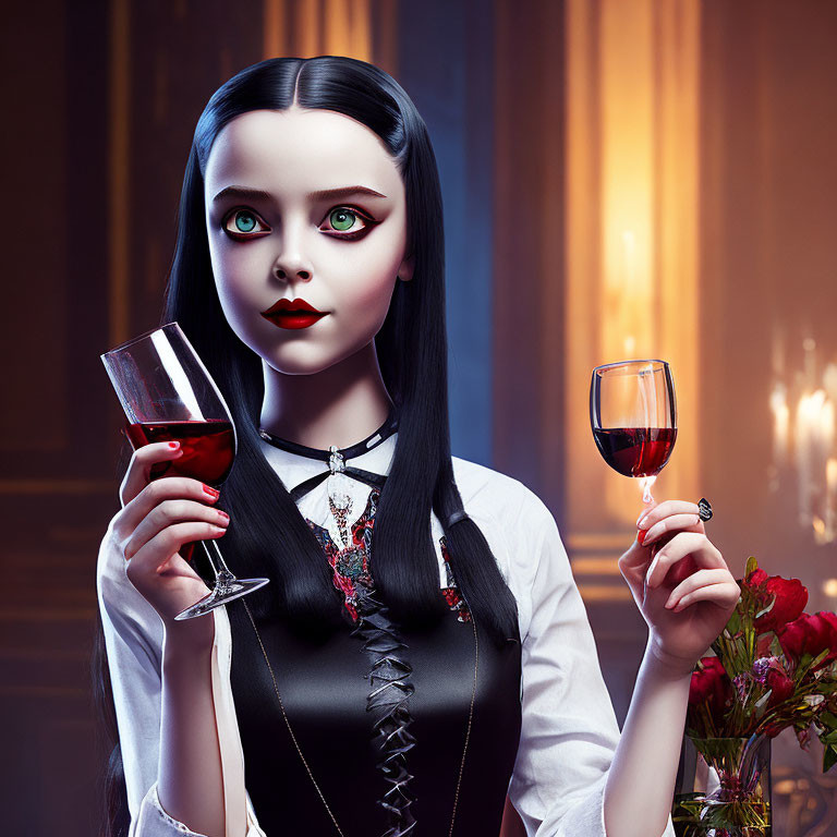 Gothic-style girl with pale skin, black hair, green eyes, holding wine glasses, orn