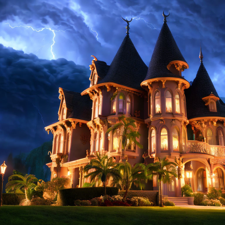 Victorian mansion with lightning in stormy dusk scene