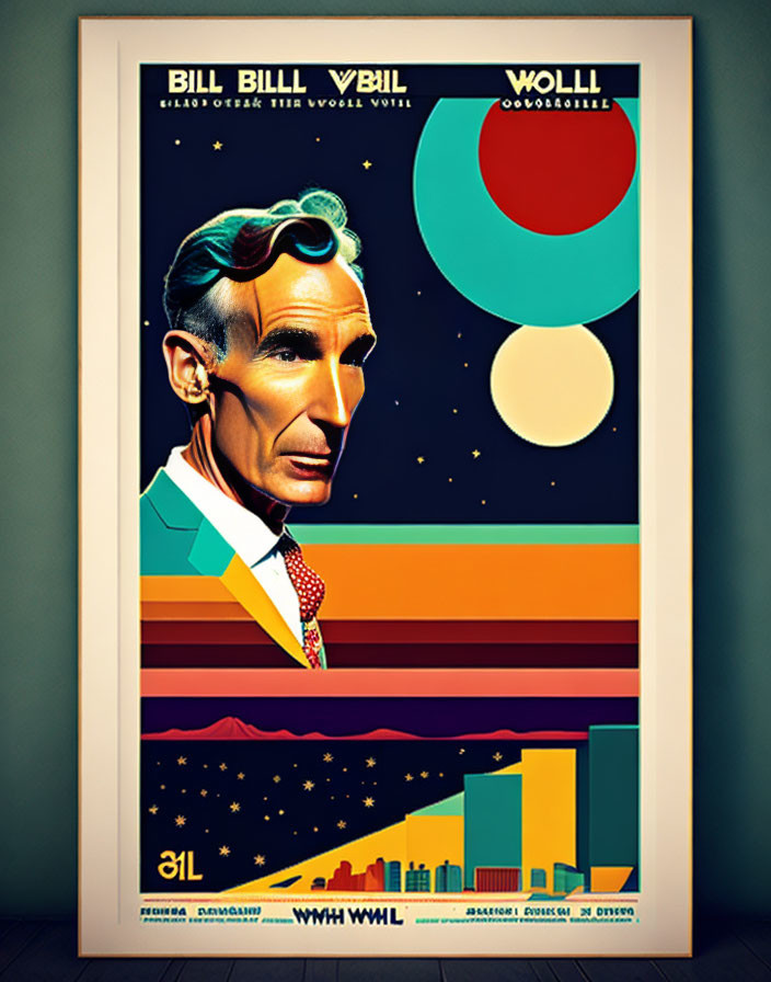 Colorful Vintage-Style Poster with Stylized Man in Suit and Geometric Shapes