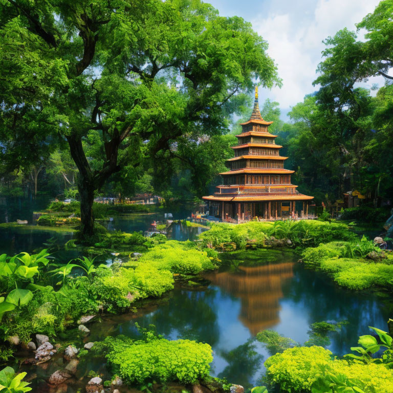 Serene multi-tiered pagoda by reflective pond in lush greenery