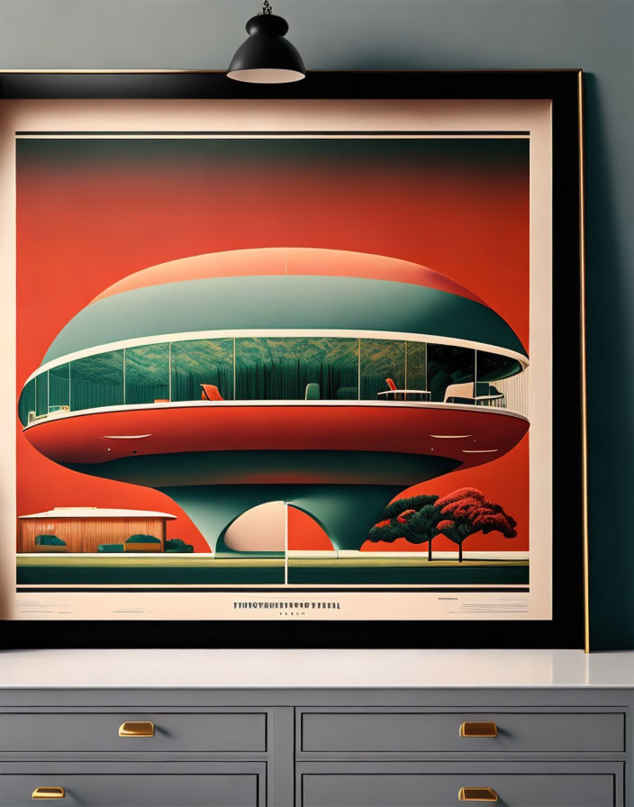 Framed retro-futuristic poster of sleek building with green landscape