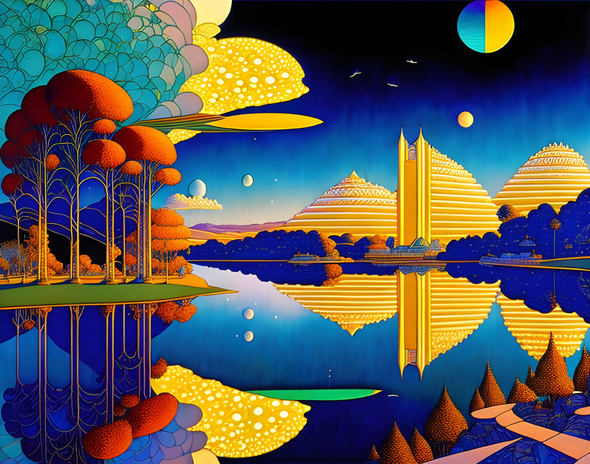 Colorful Stylized Landscape with Mirrored Pyramids and Reflective Lake