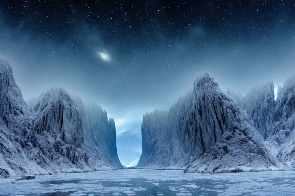 Snow-covered mountain range under starry night sky with comet and clear passage through peaks on icy terrain