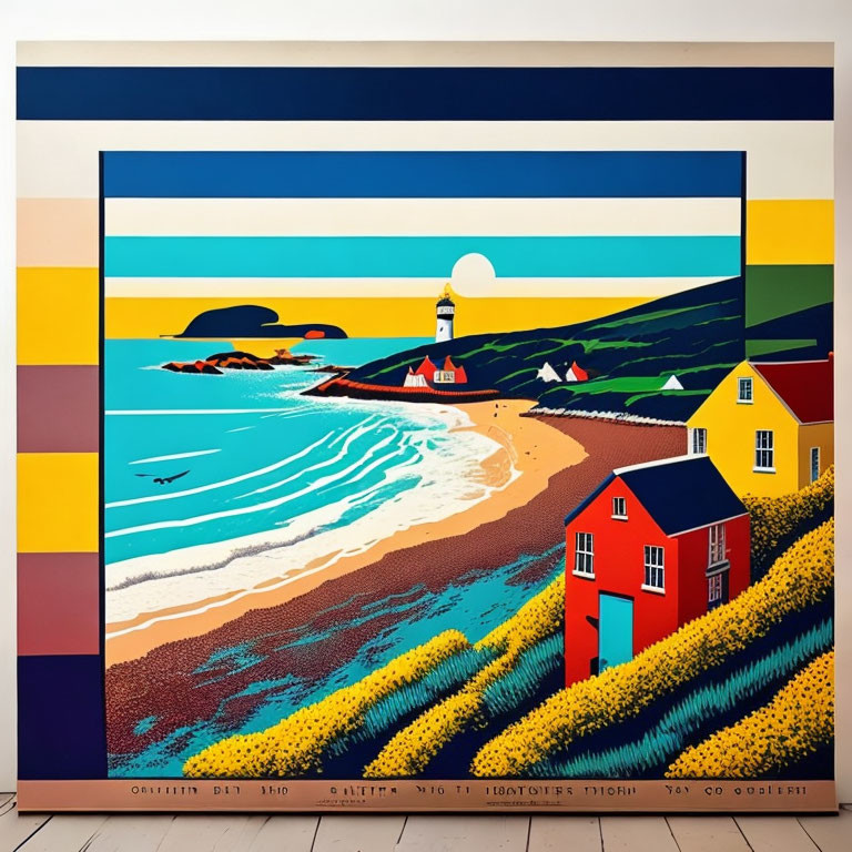 Vibrant beachside scene with lighthouse, houses, and hills.