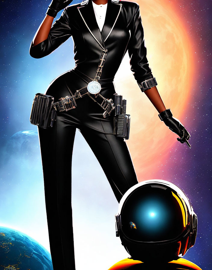 Futuristic black suit person with gadgets in cosmic setting