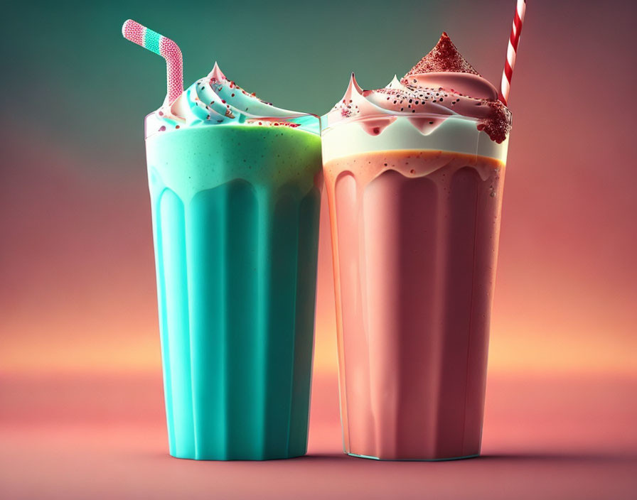 Colorful milkshakes with whipped cream and sprinkles on pink background