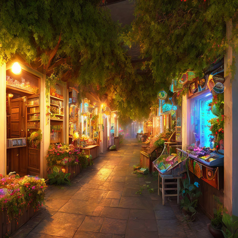 Twilight alley with vibrant flowers and cozy shopfronts