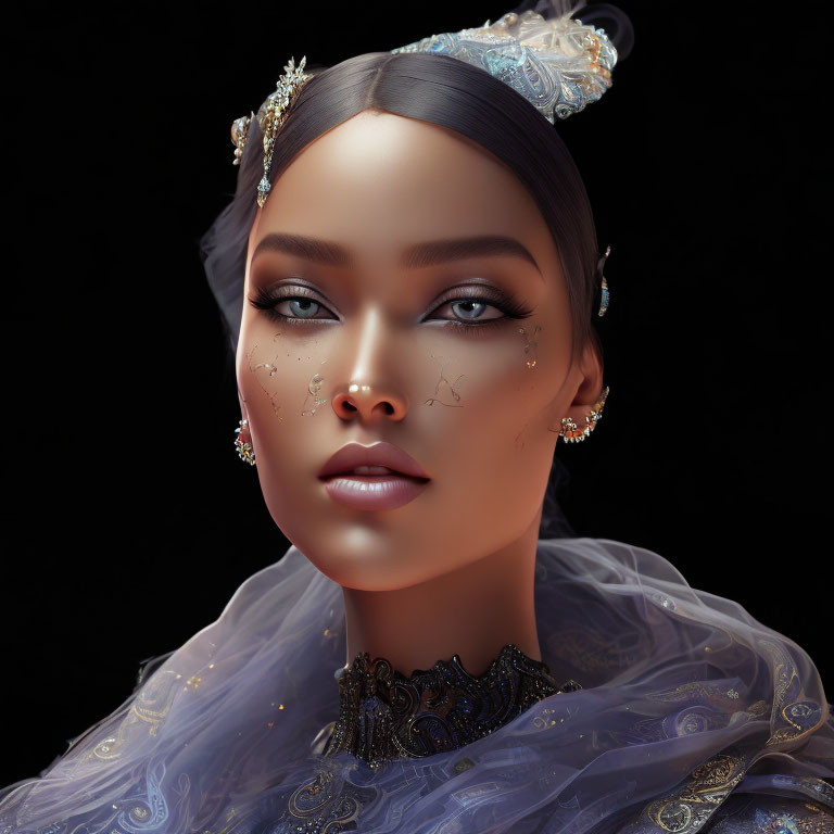 Elaborate headdress and sparkling makeup in digital portrait