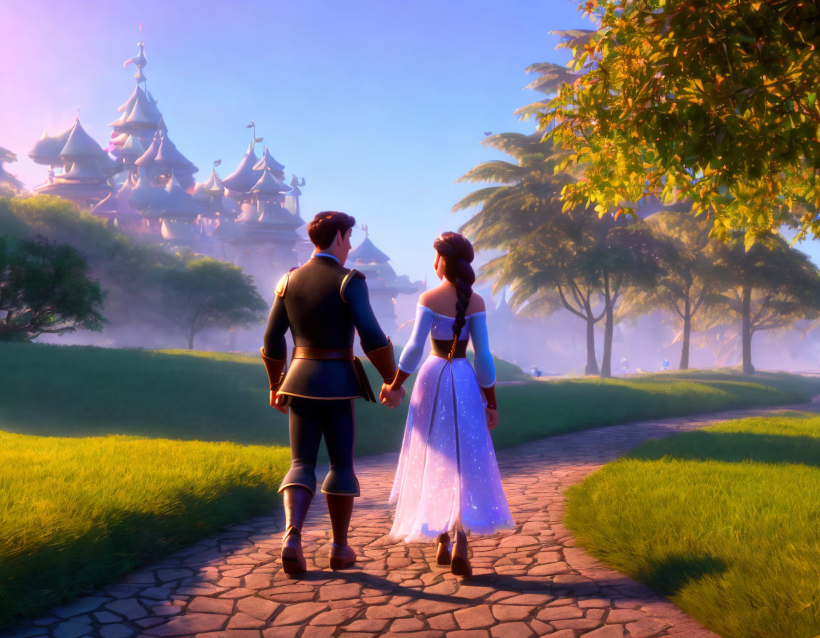 Animated couple holding hands walking towards castle in romantic setting