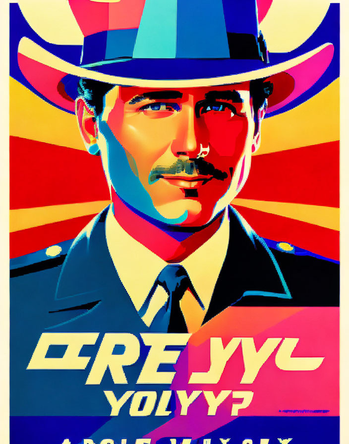 Colorful, stylized poster of a man in suit, hat, and tie with propaganda-style text