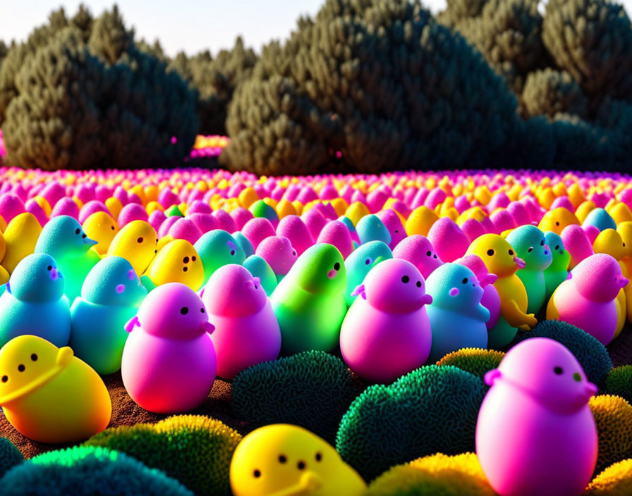 Vibrant Rubber Duckies Landscape with Green Bushes under Clear Sky