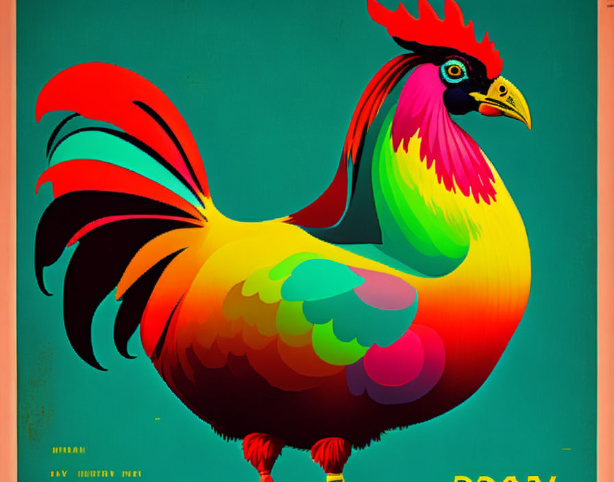 Colorful Rooster Illustration on Teal Background with Text "ROOSTER