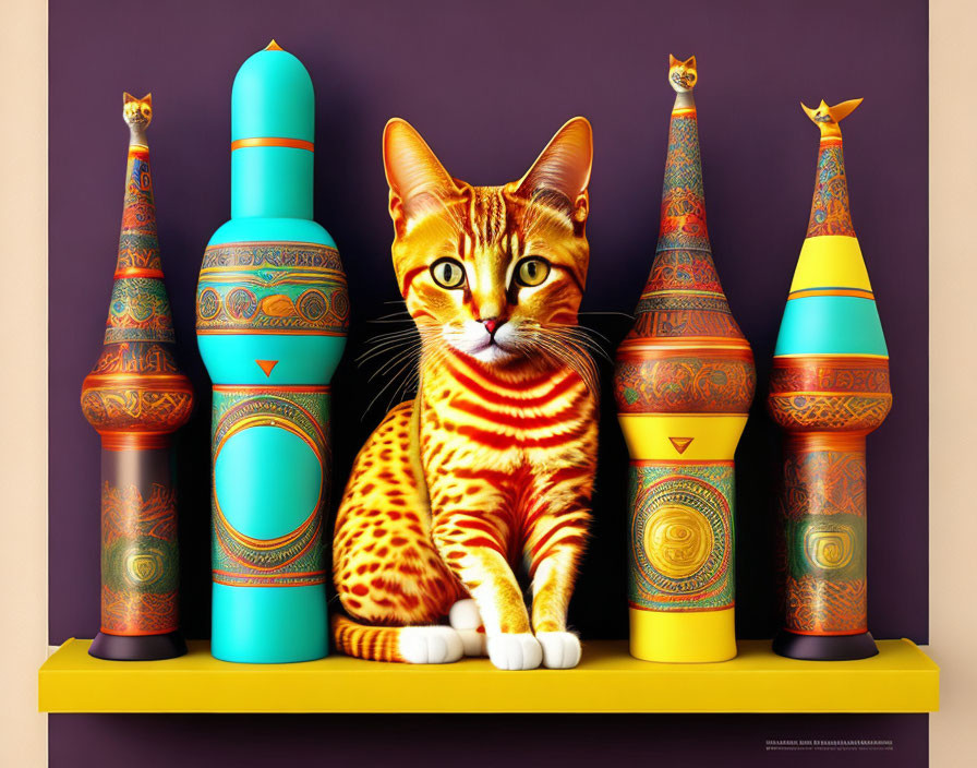 Digitally-altered image: Orange cat with chess piece towers on yellow shelf