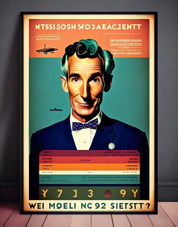 Colorful Vintage-Style Poster with Quirky Portrait and Mid-20th-Century Design