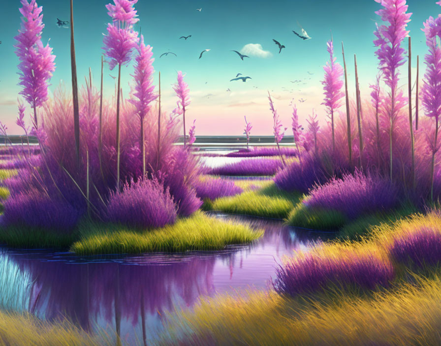 Tranquil landscape with purple and green grasses, winding river, birds in sunset-lit sky