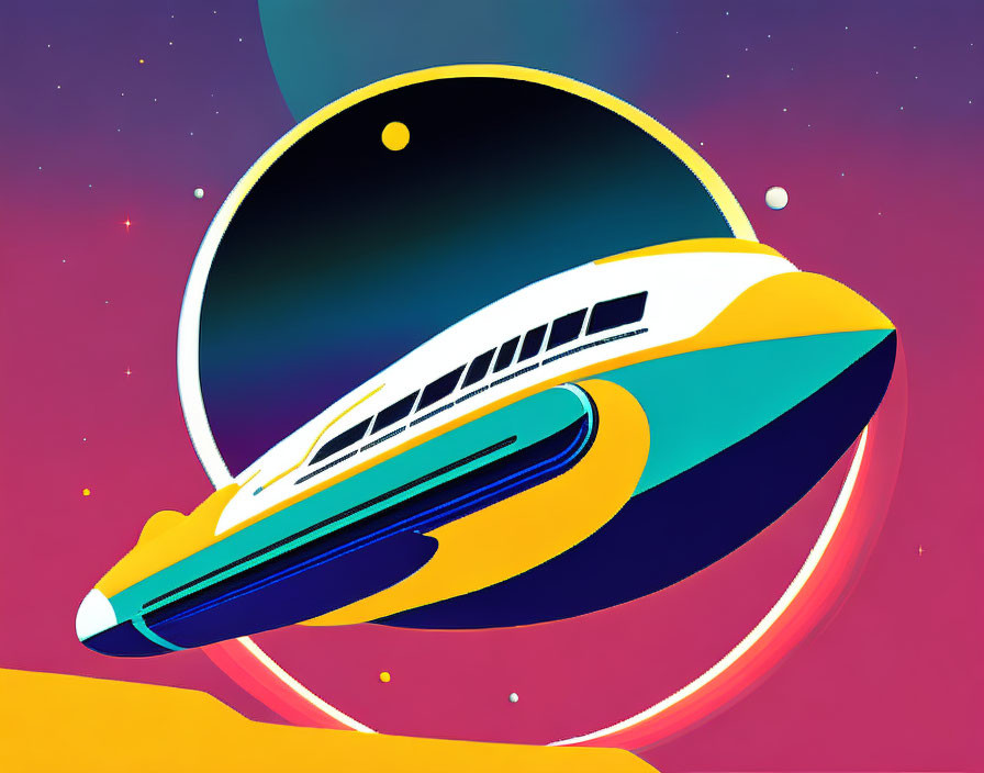 Futuristic spaceship in colorful alien landscape