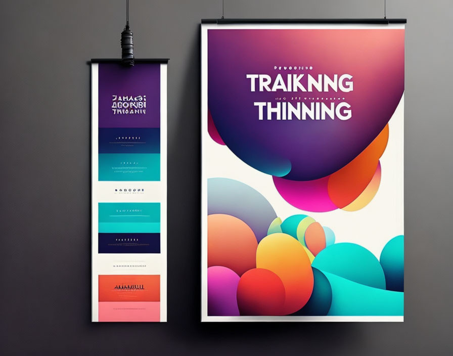 Abstract colorful graphic design posters on wall with fictional text content